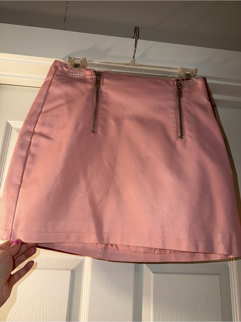 Women’s Pink Faux Leather Mini Skirt with Front Zips